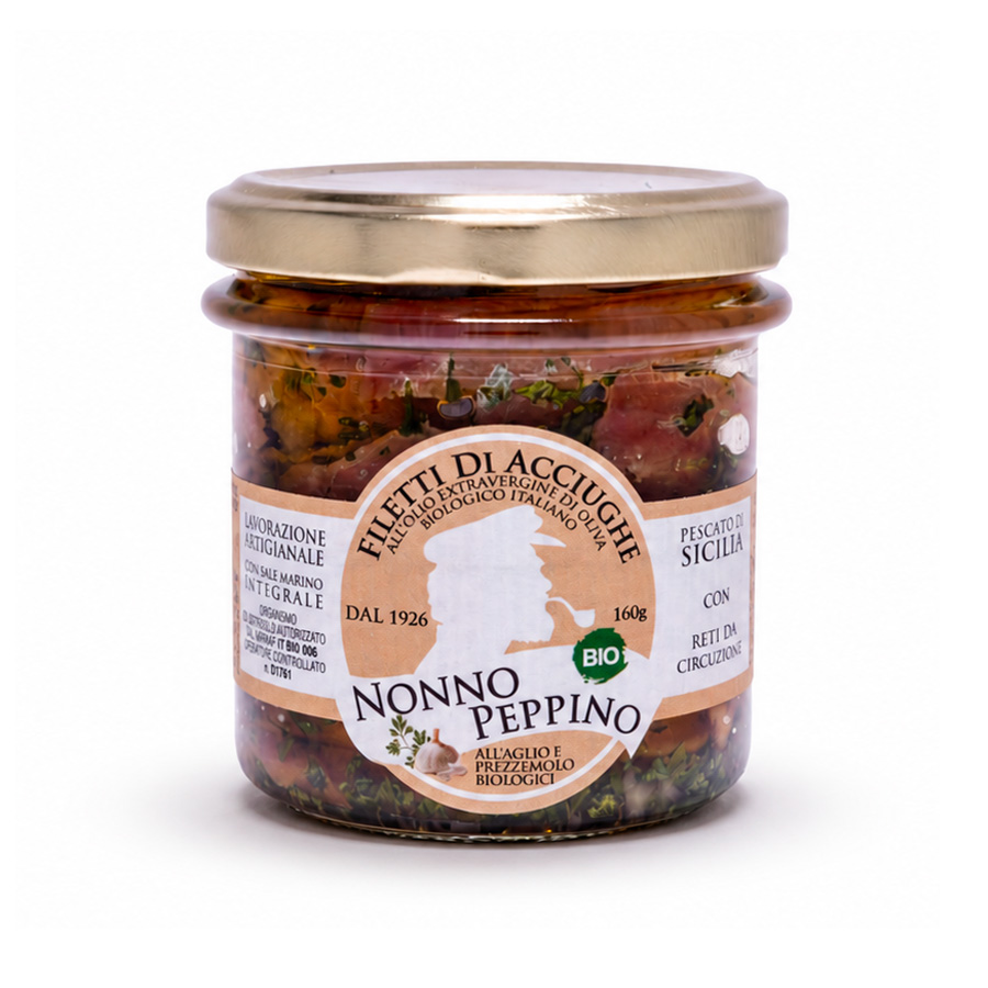 Filetti di Acciughe all'olio extravergine di oliva biologico con aglio e prezzemolo biologico siciliano - 160 g