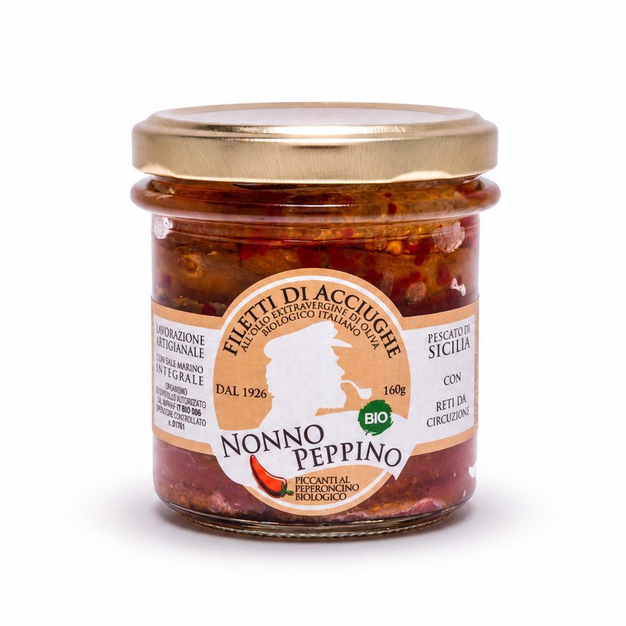 Filetti di Acciughe tradizionali all'olio extravergine di oliva biologico con peperoncino biologico siciliano - 160 g